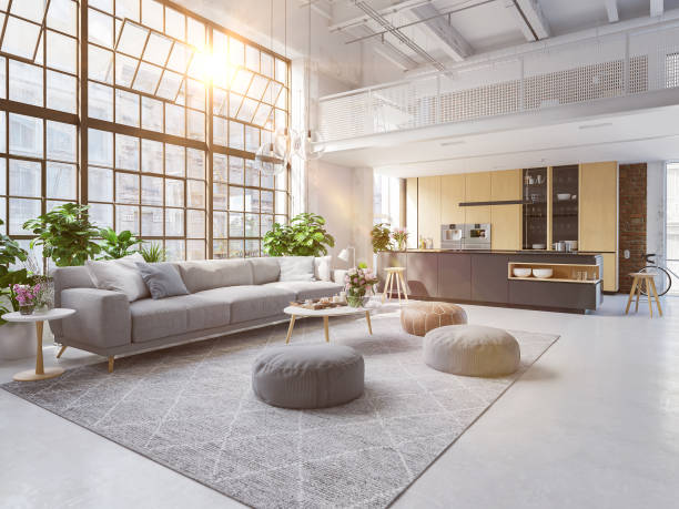 3d illustration. loft apartment with living room and kitchen.